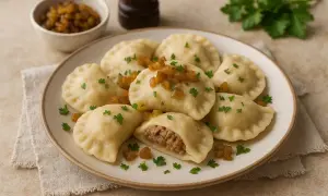 Talerz pełen pysznych, domowych pierogów z mięsem, posypanych skwarkami i natką pietruszki. Jeden pieróg jest przekrojony, ukazując soczyste nadzienie.