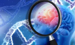 Badanie mózgu pod lupą, szukając przyczyn katatonii. DNA w tle sugeruje genetyczne podłoże.