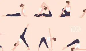 Illustrazione di donne che praticano diversi esercizi di hatha yoga, mostrando flessibilità e calma.