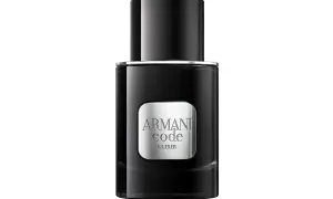 Elegancka, czarna butelka Armani Code Eau de Toilette z metaliczną etykietą "ELIXIR".