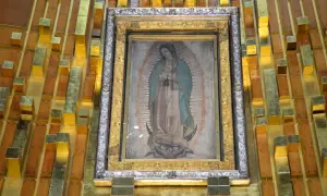 Obraz Matki Boskiej z Guadalupe, którego niezwykłe właściwości badała NASA, w złotej ramie na tle drewniano-złotej ściany.