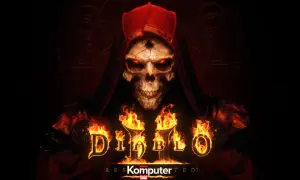 Diablo II Resurrected: przerażająca czaszka w czerwonym kapturze, płomienie i mroczne symbole.