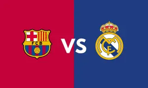 Logo FC Barcelony kontra logo Realu Madryt. Wielkie "VS" pośrodku. Kto wygra: Real czy Barca?