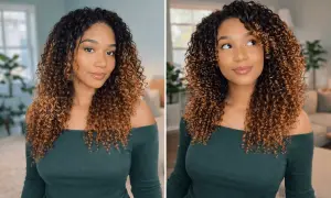 Jeune femme avec de magnifiques cheveux fins bouclés, dégradé de brun à blond miel, portant un haut vert émeraude.