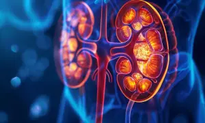 Anatomical illustration of human kidneys, glowing red and orange, showing internal structure. Te naczynia krwionośne filtrują krew.