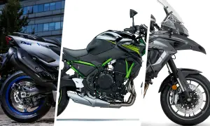 Tres motos: una Yamaha TMAX, una Kawasaki Z650 y una Benelli TRK. La Kawasaki Z650, con su motor de 650cc, es ideal para el carnet A2.