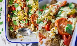 Herzhafter Tomatensalat mit Feta und Brotstücken, frisch aus dem Ofen. Ein köstliches Gericht, das Lust auf mehr macht.