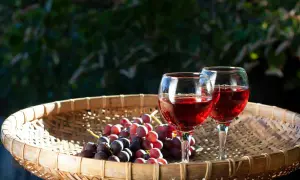 Due calici di vino rosso e un grappolo d'uva su un cesto di vimini, un assaggio dei vini del Salento.