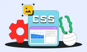 Icône d'image, engrenage rouge, fenêtre avec "CSS" et un tableau, et accolades vertes. Illustration du code CSS.