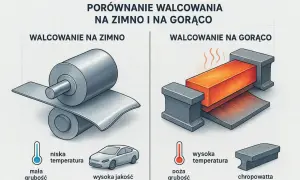 Porównanie walcowania blachy na zimno (niska temp., mała grubość, wysoka jakość) i na gorąco (wysoka temp., duża grubość, chropowata powierzchnia).