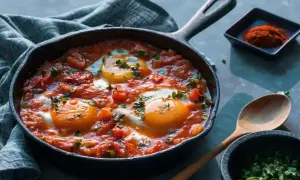 Œufs pochés dans une sauce tomate épicée, parfaits pour une recette de chakchouka maison.