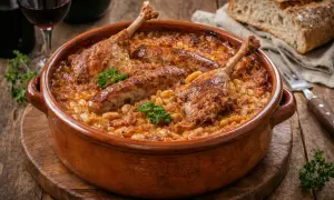 Un plat de cassoulet maison, riche et savoureux, avec des confits de canard et des saucisses, servi dans une cocotte en terre cuite.