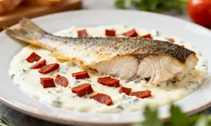 Dos de cabillaud au chorizo, une recette du Carnet de Julie, servi sur une sauce crémeuse aux herbes et parsemé de dés de chorizo.
