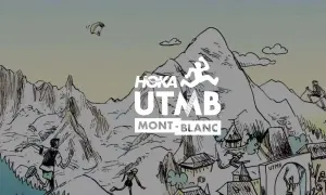 Dessin stylisé de coureurs et d'un parapentiste dans un paysage montagneux, avec le logo UTMB Mont-Blanc. Le nombre de participants à l'UTMB est impressionnant.