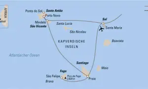 Karte der Kapverdischen Inseln mit Routen für Flug und Schiff. Ideal für Kapverden Backpacking.