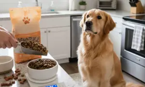 Golden retriever espera pacientemente mientras se mide la cantidad de comida para cachorro.