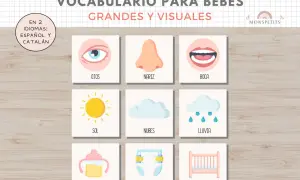 Tarjetas vocabulario infantil para imprimir: ojos, nariz, boca, sol, nubes, lluvia, agua, pañal, cuna.