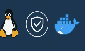 Tux le pingouin Linux, un bouclier de sécurité et le logo Docker. Guide pour installer Docker sur Linux.