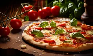 Pyszna pizza z pomidorami i bazylią, klasyka włoskich dań, na drewnianej desce.