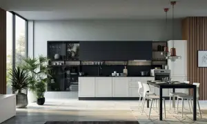 Elegante cucina laccata lucida con isola centrale, pensili neri e base bianca. Ampia vetrata e piante verdi creano un'atmosfera luminosa.