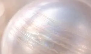 Detalle de una perla iridiscente, mostrando sus líneas naturales. Imagina limpiar perlas con bicarbonato para devolverles su brillo.