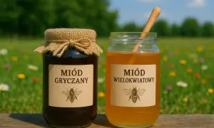 Dwa słoiki miodu na tle łąki. Czy miód wielokwiatowy jest dobry? Tak, jest pyszny i naturalny!