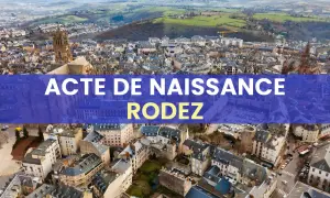 Vue aérienne de Rodez avec la mention "Acte de Naissance". Retrouvez vos archives Aveyron état civil en ligne.