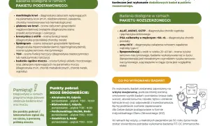 Profilaktyka 40 plus: pakiety badań podstawowy i rozszerzony, obejmujące morfologię, glukozę, TSH, lipidogram, PSA, anty-HCV. Informacje o punktach pobrań i dalszych krokach.