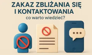 Zakaz zbliżania się i kontaktowania, nawet gdy mieszkacie razem. Ikony symbolizują zakaz kontaktu, dokument i telefon.