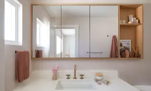 Modern bathroom with a large mirrored medicine cabinet, offering great double vanity mirror ideas.