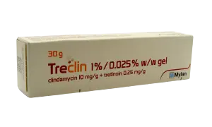 Opakowanie żelu Treclin z klindamycyną i tretinoiną, 30g. Pomaga w walce z trądzikiem.