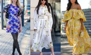 Trzy kobiety w kwiecistych sukienkach. Pierwsza w mini, druga w midi, trzecia w maxi. Jakie buty do sukienki w kwiaty? Zobacz inspiracje!
