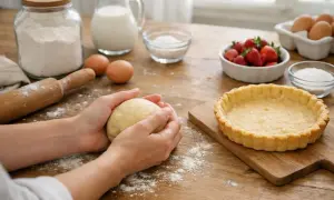 Mains façonnant une boule de pâte sablée crue. Sur la table, farine, œufs, lait, fraises et tartelette précuite. Idéal pour la conservation pâte sablée crue au frigo.
