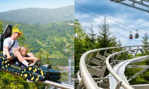 Ojciec z córką zjeżdżają na letnim rollercoasterze w Szczyrku, a w tle widać kolejkę gondolową.