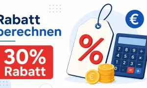 Rabatt berechnen: 30% Rabatt mit Taschenrechner und Münzen.