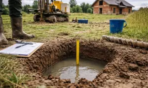 Badanie poziomu **wód gruntowych** przy użyciu wiertnicy i miarki. W tle dom i sprzęt.