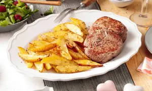 Zwei saftige Rinderfilets mit knusprigen Ofenkartoffeln – die perfekte Kombination, welches Fleisch zu Ofenkartoffeln passt, ist hier perfekt umgesetzt. Dazu ein frischer Salat.