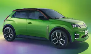 Nowoczesny, zielony Renault 5 Electric z czarnym dachem i czerwonymi akcentami, prezentujący futurystyczny design.