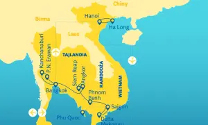 Mapa pokazuje trasę podróży przez Tajlandię, Kambodżę i Wietnam, z zaznaczonymi miastami jak Bangkok, Angkor, Hanoi i Sajgon.