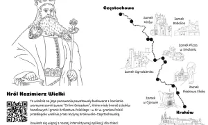 Król Kazimierz Wielki zaprasza na trasę Szlaku Orlich Gniazd. Mapa pokazuje drogę przez zamki: Mirów, Bobolice, Ogrodzieniec, Pilcza, Pieskowa Skała, Ojcowski i Wawel.