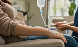 Patiënt krijgt infuus, omdat ijzertabletten niet werken. Een verpleegkundige controleert de toediening.