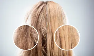 Cabello dañado y seco vs. cabello suave y brillante. El aceite de coco para el pelo transforma el aspecto, dejando las hebras sedosas.