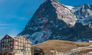 Eiger Nordwand Besteigung: Routen sind markiert. Links das Hotel Eiger.
