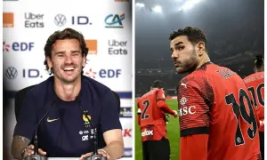 Uśmiechnięty Griezmann i Theo Hernández, być może najładniejszy piłkarz na świecie, w czerwonej koszulce.