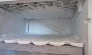 Wnętrze lodówki No Frost pokryte szronem. Zastanawiasz się, ile trwa rozmrażanie lodówki no frost? Czas zależy od stopnia oblodzenia.