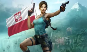 Lara Croft z polską flagą i pistoletami, gotowa na przygodę w dżungli. Wygląda jakby ścigała latającego dzika.