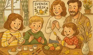 Familj målar påskägg, en tradition som påminner om påskharens historia. En skylt med "Svensk Påsk" hänger på väggen.