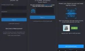 Ekran logowania Steam Guard na telefonie: pole na kod, QR kod i przycisk dodania uwierzytelniania.