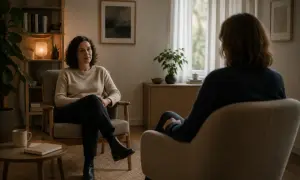 Due donne in poltrone, in un ambiente accogliente, durante sedute di psicoterapia. Una ascolta attentamente, l'altra è di spalle.