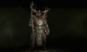 Potężny druid z Diablo 4, z porożem na hełmie i kosturem, gotowy do walki. Idealny diablo 4 druid build pl.